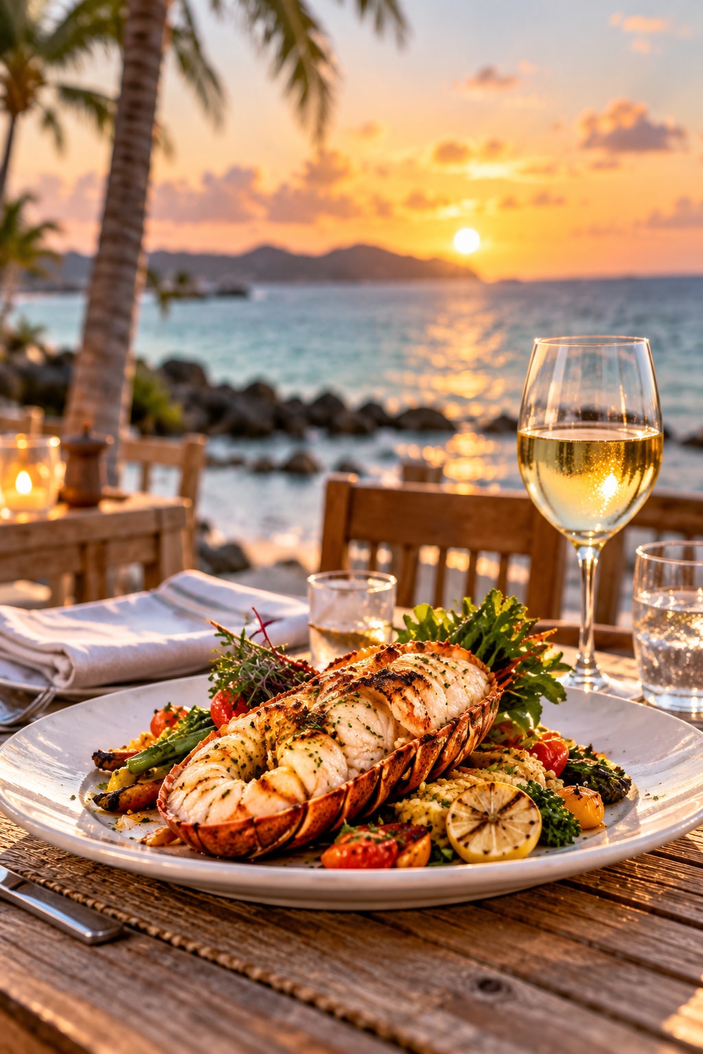 Seaside lobster dinner in warm sunset light