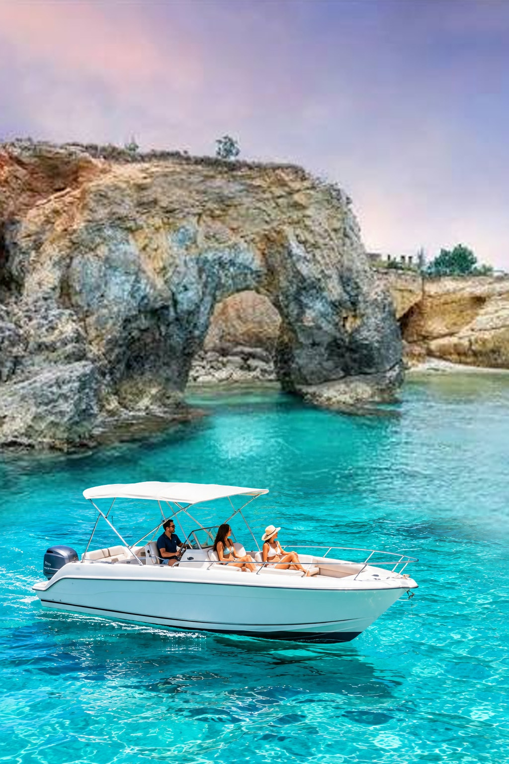Boat excursion beside a coastal rock arch